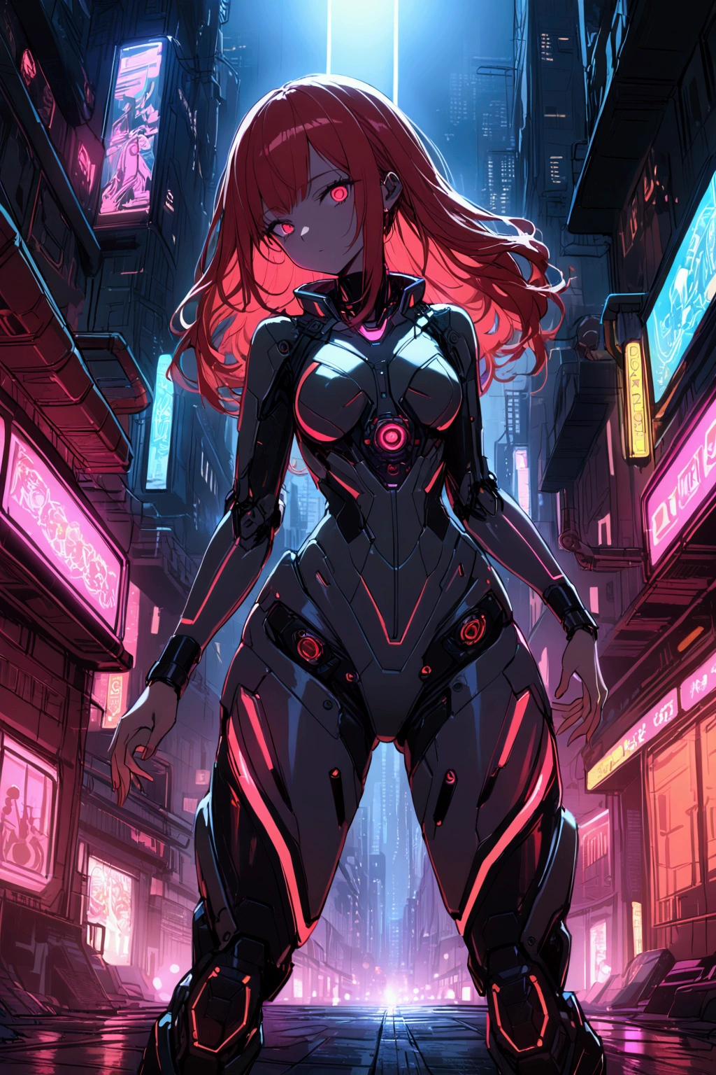 a woman with long red hair, futuristic cyberpunk outfit, (dimly lit urban environment:1.3), (detailed face:1.2), high detail, sharp, 8k, bokeh, sketch, dark atmosphere, neon lights, moody lighting, dystopian cityscape, intricate details, dynamic pose, futuristic technology, gritty urban setting