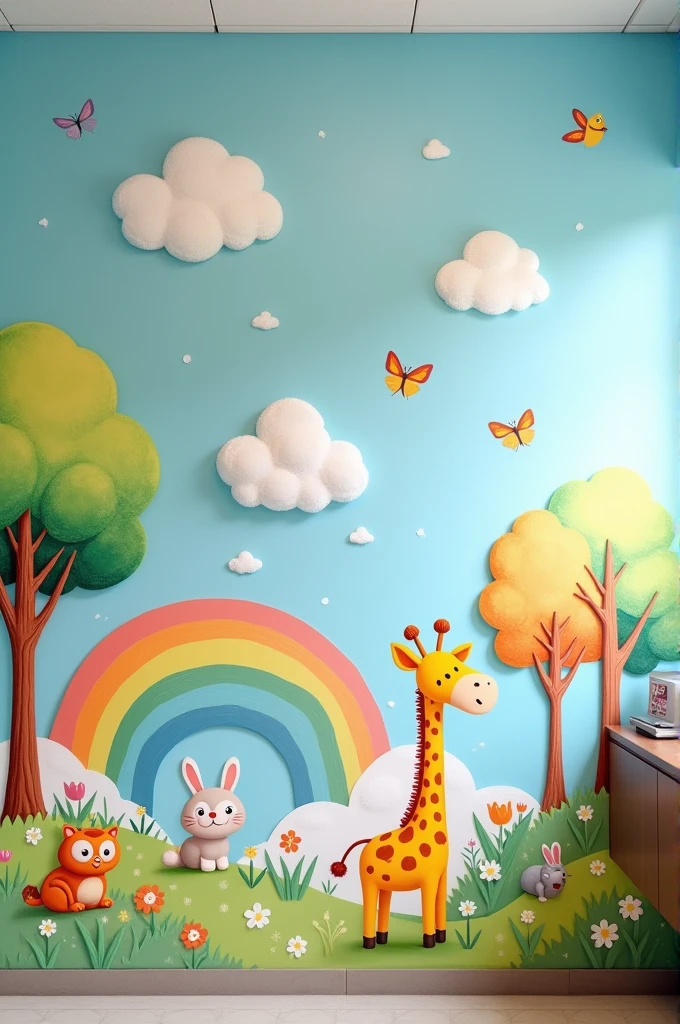 A pediatric office wall with images of rainbow trees, clouds and animals for children