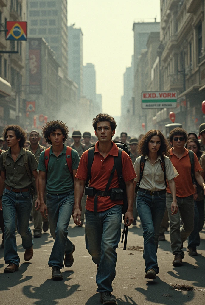 Create images of the 1968 dictatorial student movement in Brazil and put backpacks on students, make the scenario based on a military dictatorship 