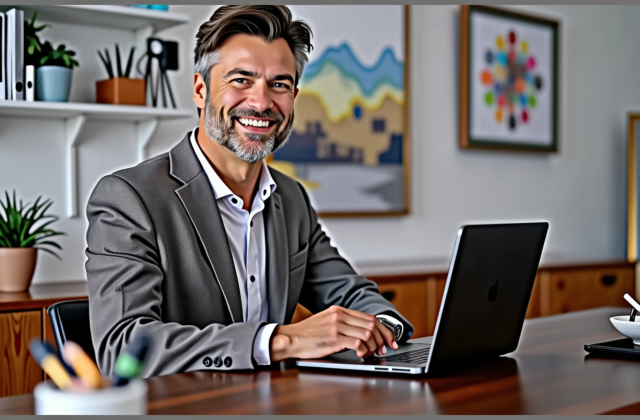 An American man working on his laptop computer in the office early in the morning,Smiling at the camera