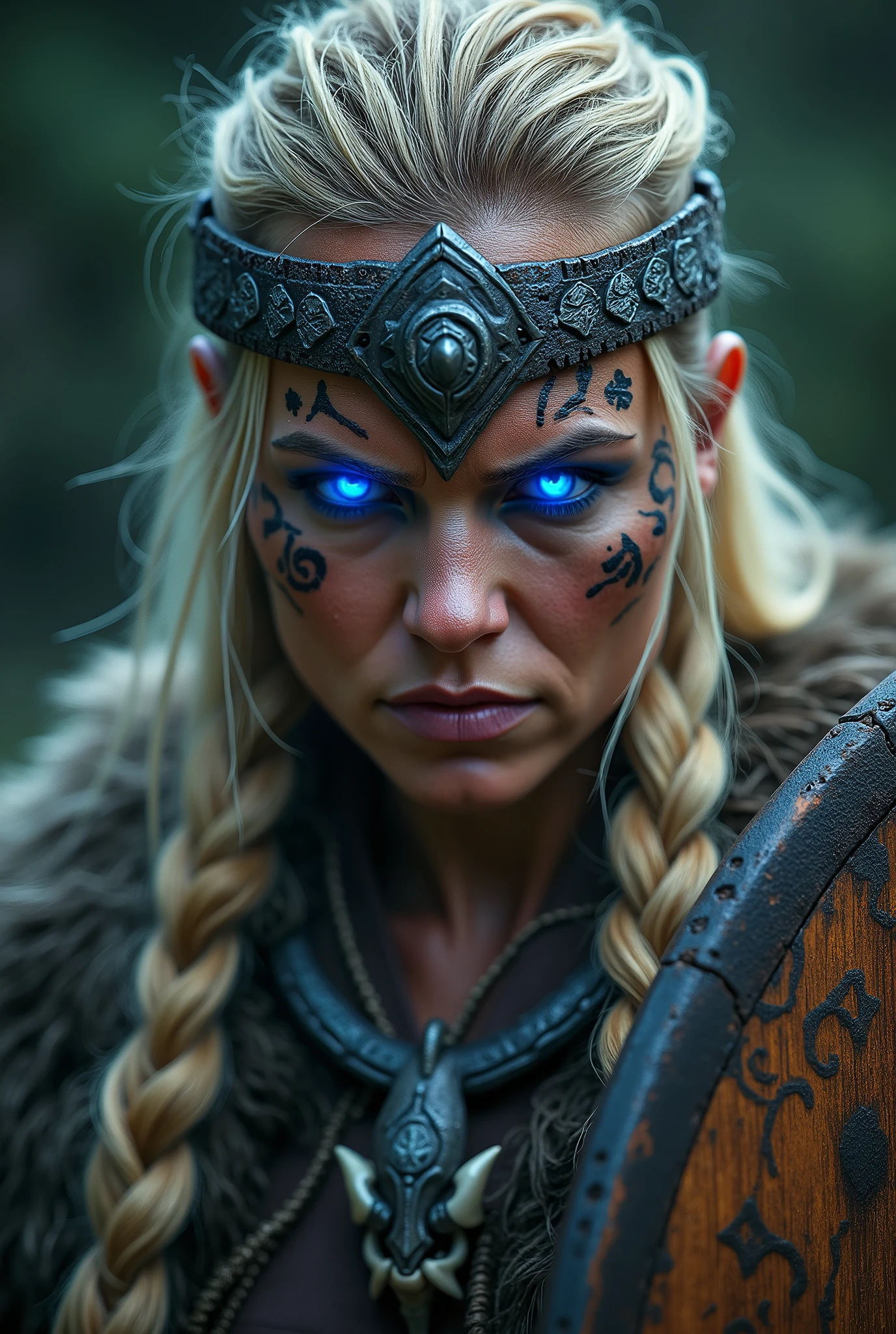 Close up face beautiful viking woman, wooden shield in hand , strong blue light in the eyes, medium eagle crown , viking face paintings, Angry, bone necklace around the neck, battle armor, focused, braids in hair, blonde, 40 years old