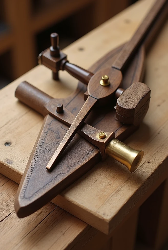 The Adjustable Square Ruler"
Function: This device is designed to help craftsmen and architects draw accurate angles and adjust measurements with ease during construction plans and structures..
RAW MATERIAL: The ruler is made of walnut wood, known for its durability. Edges are reinforced with bronze strips for added precision and durability. The adjustment points are made of brass.
Power Source: It is a completely manual instrument, operated by simple adjustment mechanisms.
Operation: The Adjustable Square Ruler tiene bisagras que permiten cambiar el ángulo entre los brazos de la escuadra. A small brass dial adjusts and sets the desired angle. This allows users to mark and measure angles accurately., which is essential in the elaboration of architectural designs and in carpentry.
As if it had been drawn by Da Vinci
