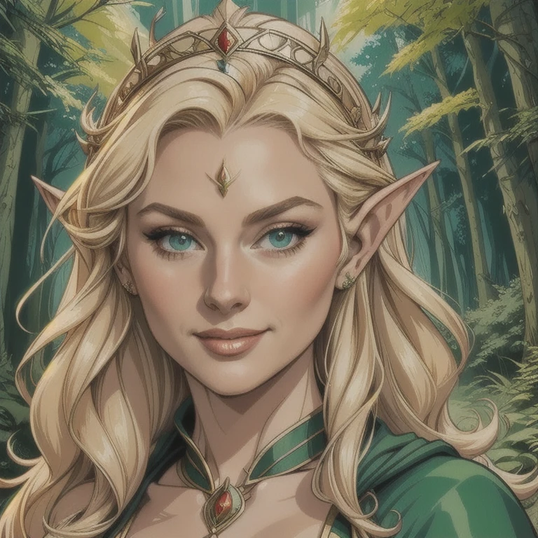 A highly detailed and realistic portrait of a beautiful smiling elf girl with long blonde hair, pointed ears, and a crown headpiece, wearing a tunic, cape, and gloves, set in a lush forest background, masterpiece, 8k, photorealistic, cinematic lighting, intricate details, warm color tones, dynamic composition, fantasy, anime style, elegant, graceful