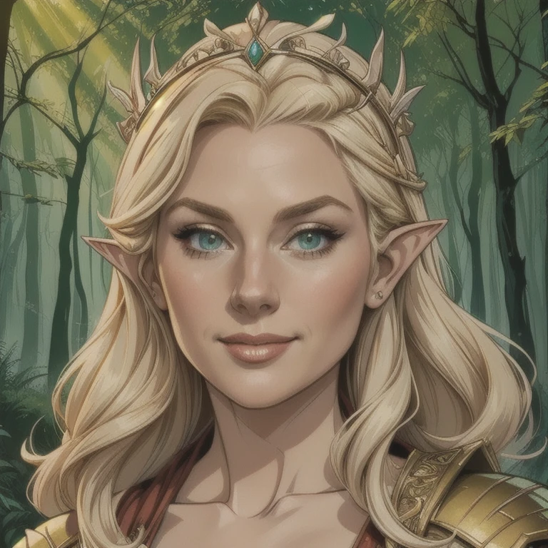 A highly detailed and realistic portrait of a beautiful smiling elf girl with long blonde hair, pointed ears, and a crown headpiece, wearing a tunic, cape, and gloves, set in a lush forest background, masterpiece, 8k, photorealistic, cinematic lighting, intricate details, warm color tones, dynamic composition, fantasy, anime style, elegant, graceful