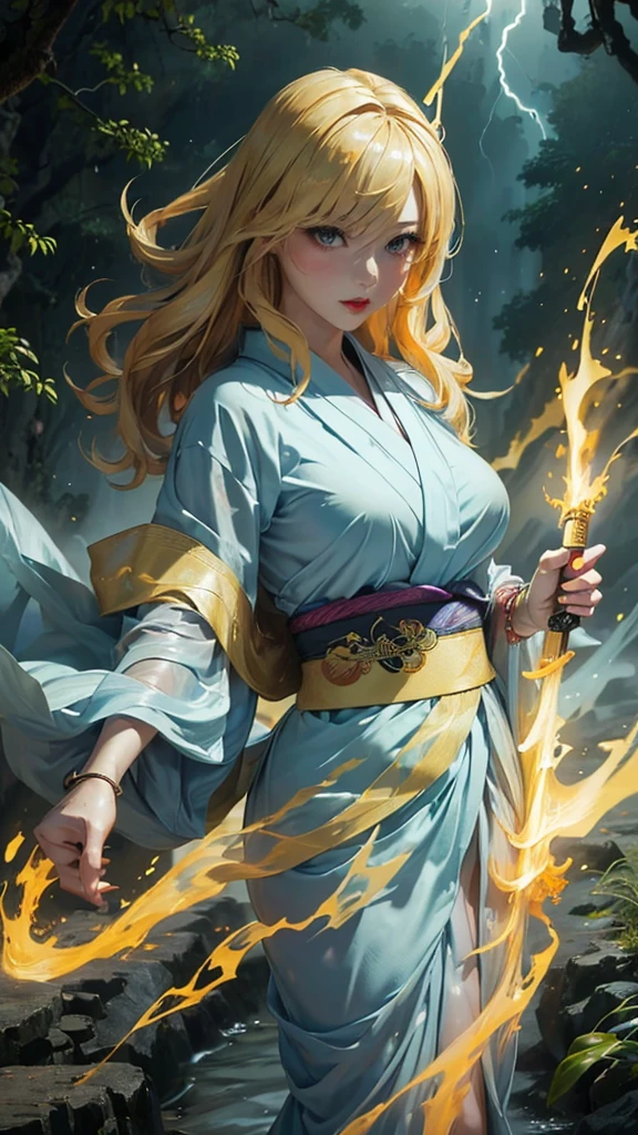 (8k, highest quality, masterpiece: 1.2), (realistic, realistic: 1.37), Super detailed, ((A bewitching female thunder god dancing in the sky:1))、((Female thunder god in sexy Japanese style kimono))、A sexy thunder god who controls lightning、((A sexy golden kimono inspired by thunder:1))