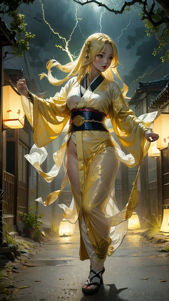 (8k, highest quality, masterpiece: 1.2), (realistic, realistic: 1.37), Super detailed, ((A bewitching female thunder god dancing in the sky:1))、((Female thunder god in sexy Japanese style kimono))、A sexy thunder god who controls lightning、((A sexy golden kimono inspired by thunder:1))