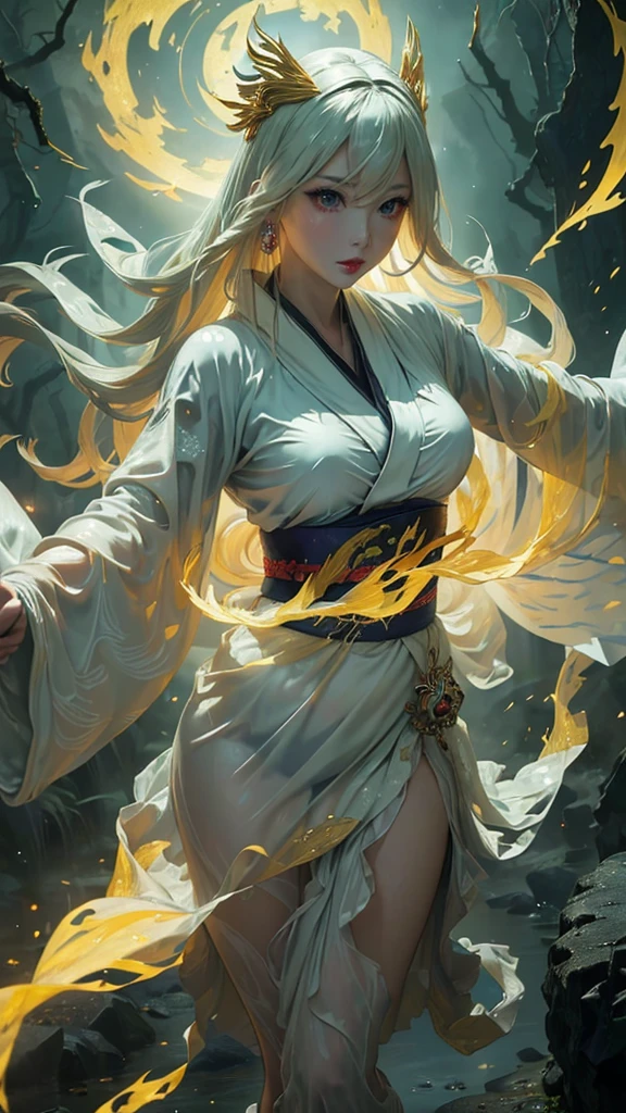 (8k, highest quality, masterpiece: 1.2), (realistic, realistic: 1.37), Super detailed, ((A bewitching female thunder god dancing in the sky:1))、((Female thunder god in sexy Japanese style kimono))、A sexy thunder god who controls lightning、((A sexy golden kimono inspired by thunder:1))