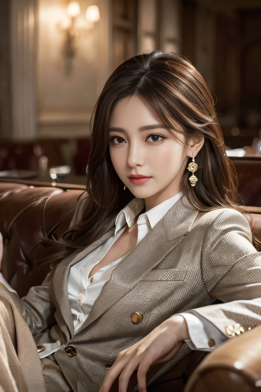 masterpiece, Highest quality, Realistic, Very detailed, Finer details, High resolution, 8k wallpaper, One beautiful woman, Wear a nice suit, In a great restaurant, At night, Light brown messy hair, Perfect dynamic composition, Beautiful and beautiful eyes、Big earrings、Sit on the sofa