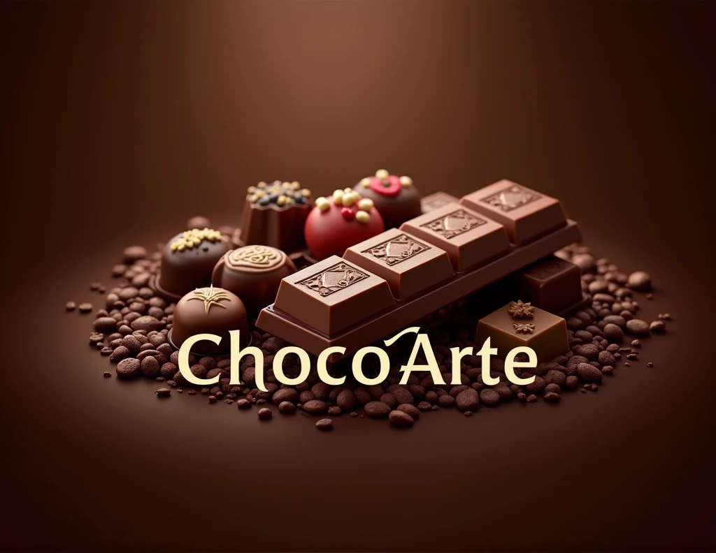LOGO OF A CHOCOLATE MANUFACTURING COMPANY WITH CHOCOLATES WITH THE NAME OF CHOCO ARTE