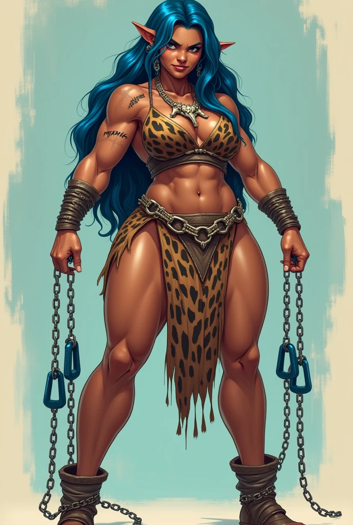 Tall, muscular woman with dark skin and blue hair. Wide hips. anime style, animated style, Digital art, masterpiece, Best Quality, Super rendering, high detail face, tan lines. clean face, mocking and defiant smile, whole body, She stands firm and takes some chains with shackles of a magical blue metal. Long hair, A thick braid falls over one of her shoulders. tribal clothing, leopard skin skirt, one leg exposed, thick thighs. Tribal Bone Necklace. open legs, scars all over his body. Bound feet, looking at the viewer, simple color background. Scar on his face, hairy and elongated ears. No thinness, no marked bones.