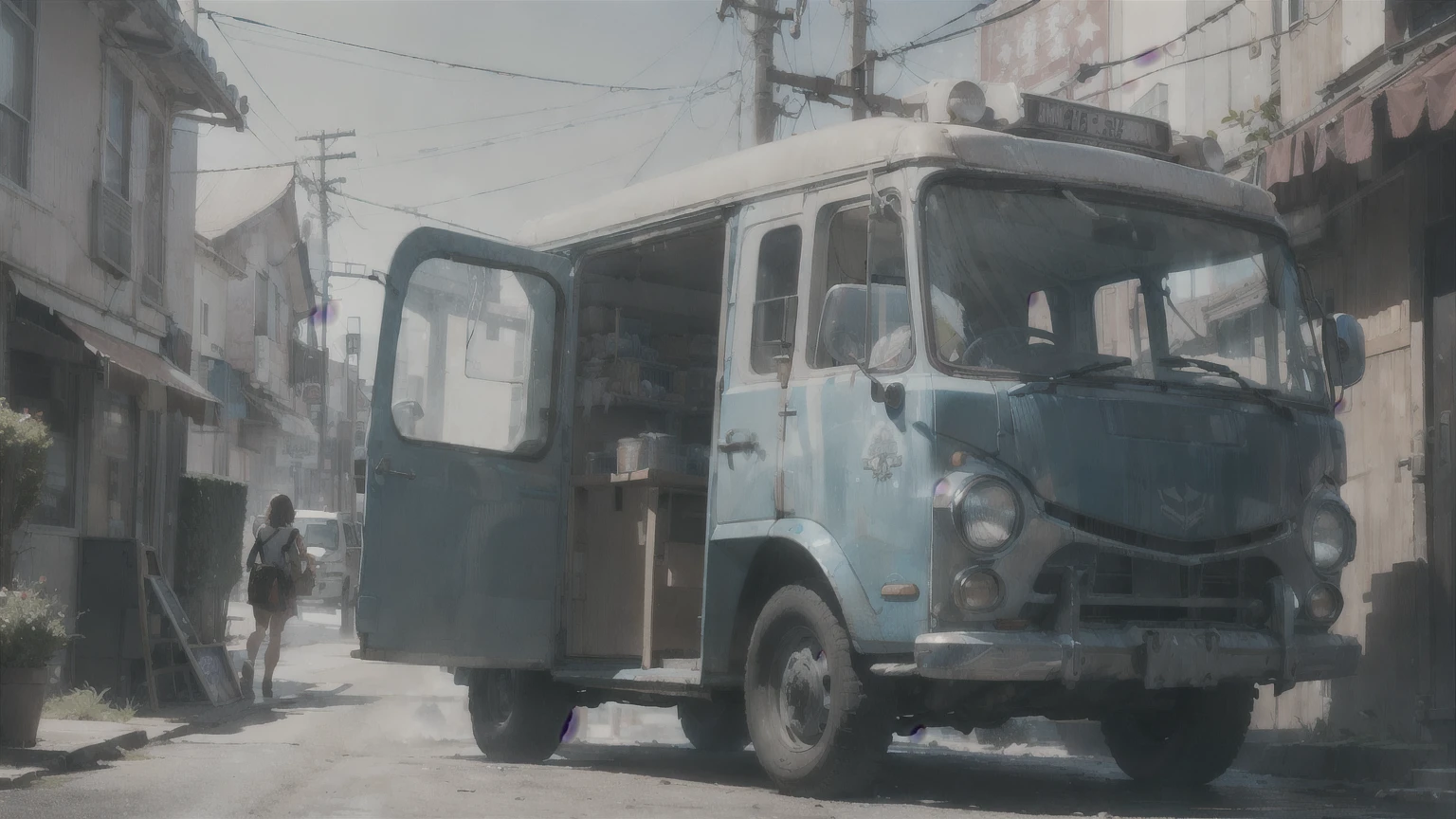 SCP-490 - Ice Cream Truck, from SCP lore, SCP-490 is an ice cream truck dating to the 1960s constructed by USA automotive, It seems to be mechanically standard, very quite used and with a lot of travels, and captures random people through hypnosis and then processes them like ice creams, seen from behind the vehicle, wide angle shot, diffuse lighting, fantasy, intricate, elegant, highly detailed, lifelike, photorealistic, digital painting, bokeh, iredelv and rackham, James Jean and (((Tom Bagshaw)))