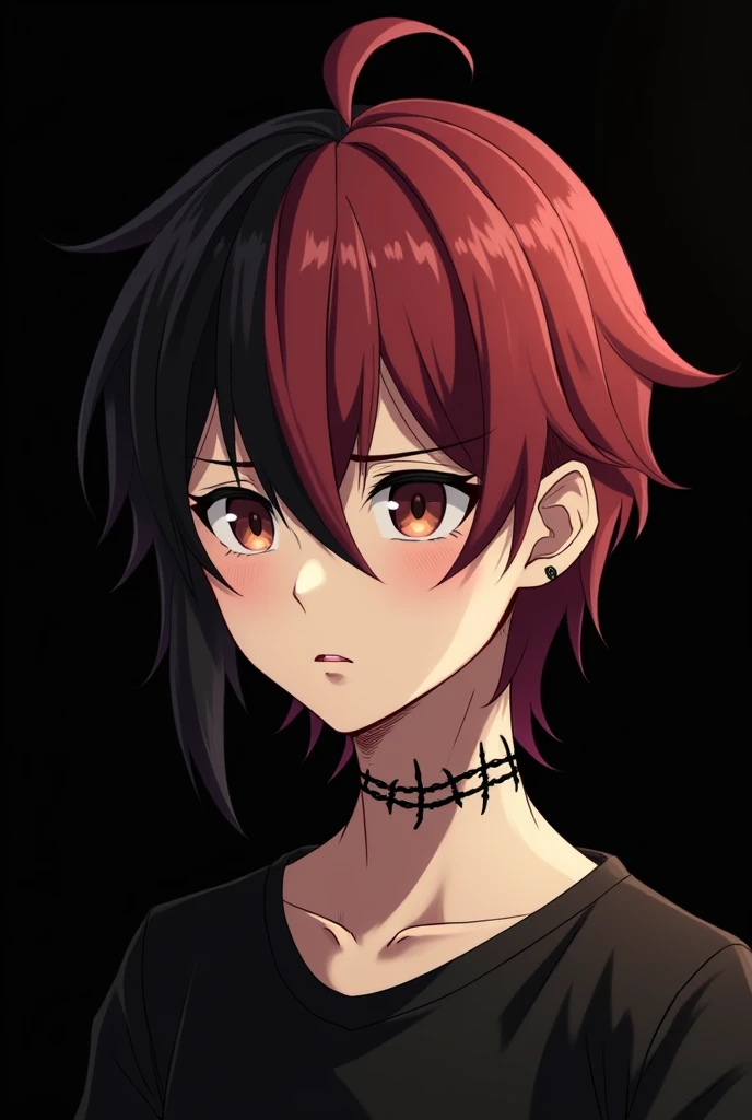 anime style young man, De pele clara. medium long hairstyle. Short and straight chameleon. Black hair on the right side and light wine red hair on the left side. Dark brown eyes and sleeping face. with black clothes. Barbed wire tattoo in the center of the neck. Dilations in each ear. man face. black backdrop.