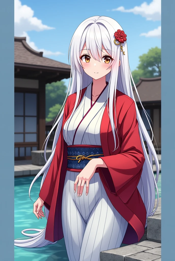 1 girl(masterpiece,top quality,best quality,official art,Beauty and aesthetics:1.2),white hair,brown eyes,long hair,big sister,tall figure,enchanted,enchanting,Flushed complexion, Embarrassed expression while Blushing, super gigantic breasts,Breasts larger than the head,Red and white kimono, clogs,Off the shoulders,cleavage almost ?????? slip,Sitting on the stone steps by the water of a hot spring, thigh exposed.