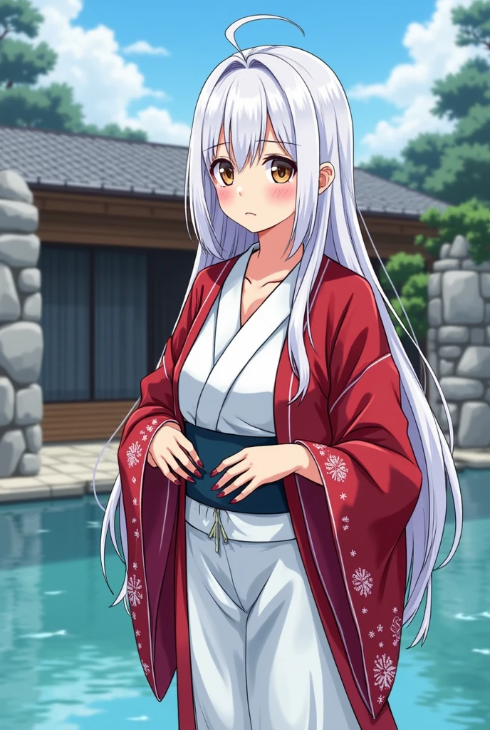 1 girl（masterpiece，top quality，best quality，official art，Beauty and aesthetics：1.2），white hair，brown eyes，long hair，big sister，tall figure，enchanted，enchanting，Flushed complexion， Embarrassed expression while Blushing, super gigantic breasts，Breasts larger than the head，Red and white kimono, clogs，Off the shoulders，cleavage almost nipple slip，Sitting on the stone steps by the water of a hot spring, thigh exposed.