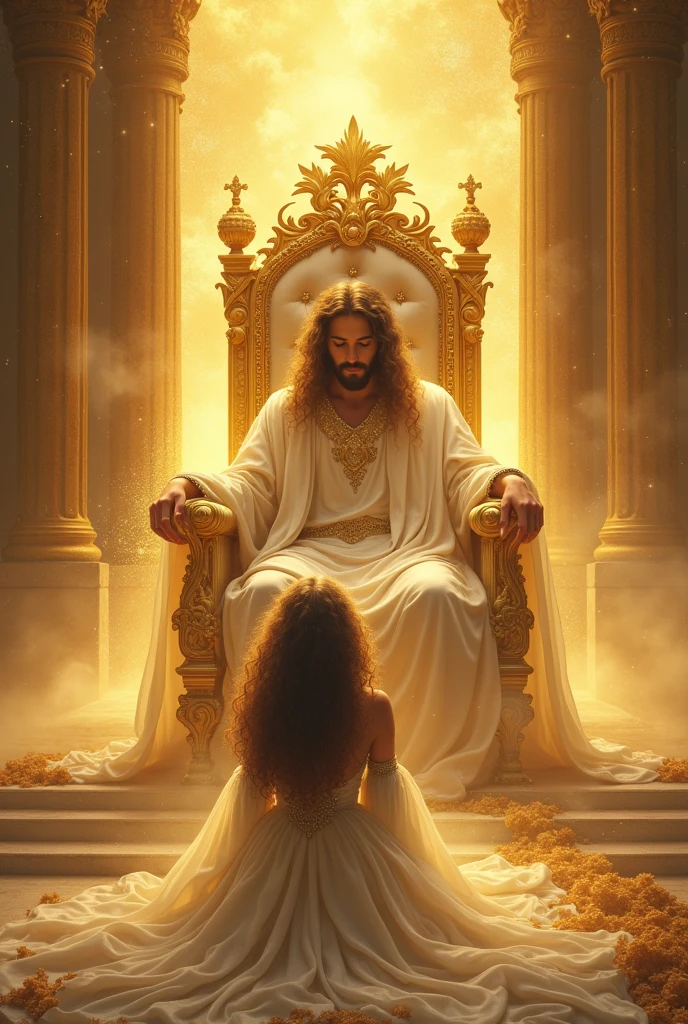 Beautiful and mystical curly-haired woman dressed in white with a royal court dress, prostrate in deep adoration offering her life and work to Jesus sitting on his golden throne brighter than the sun and made with all the stars of heaven