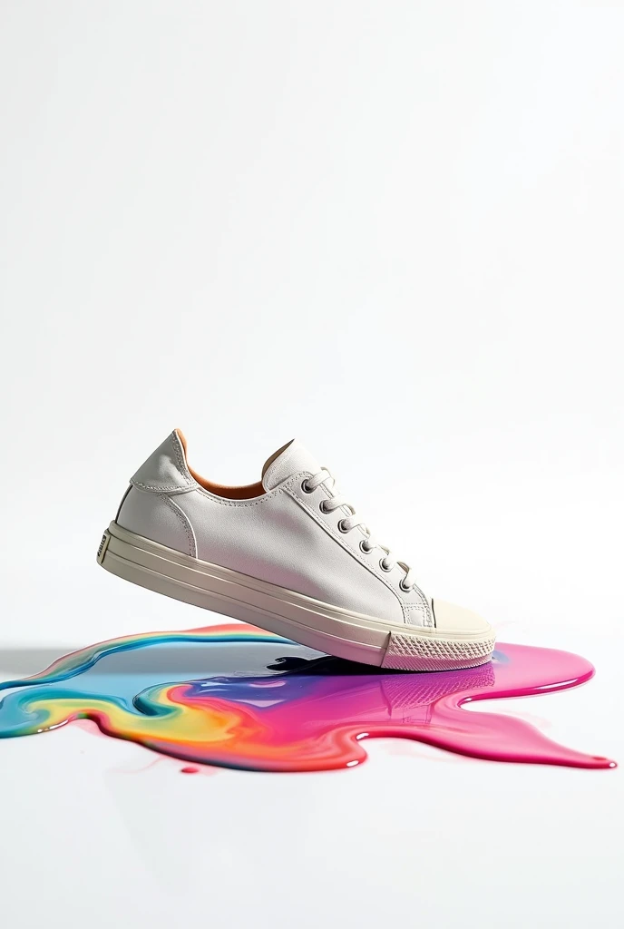 a tennis shoe stepping on paint with a white background