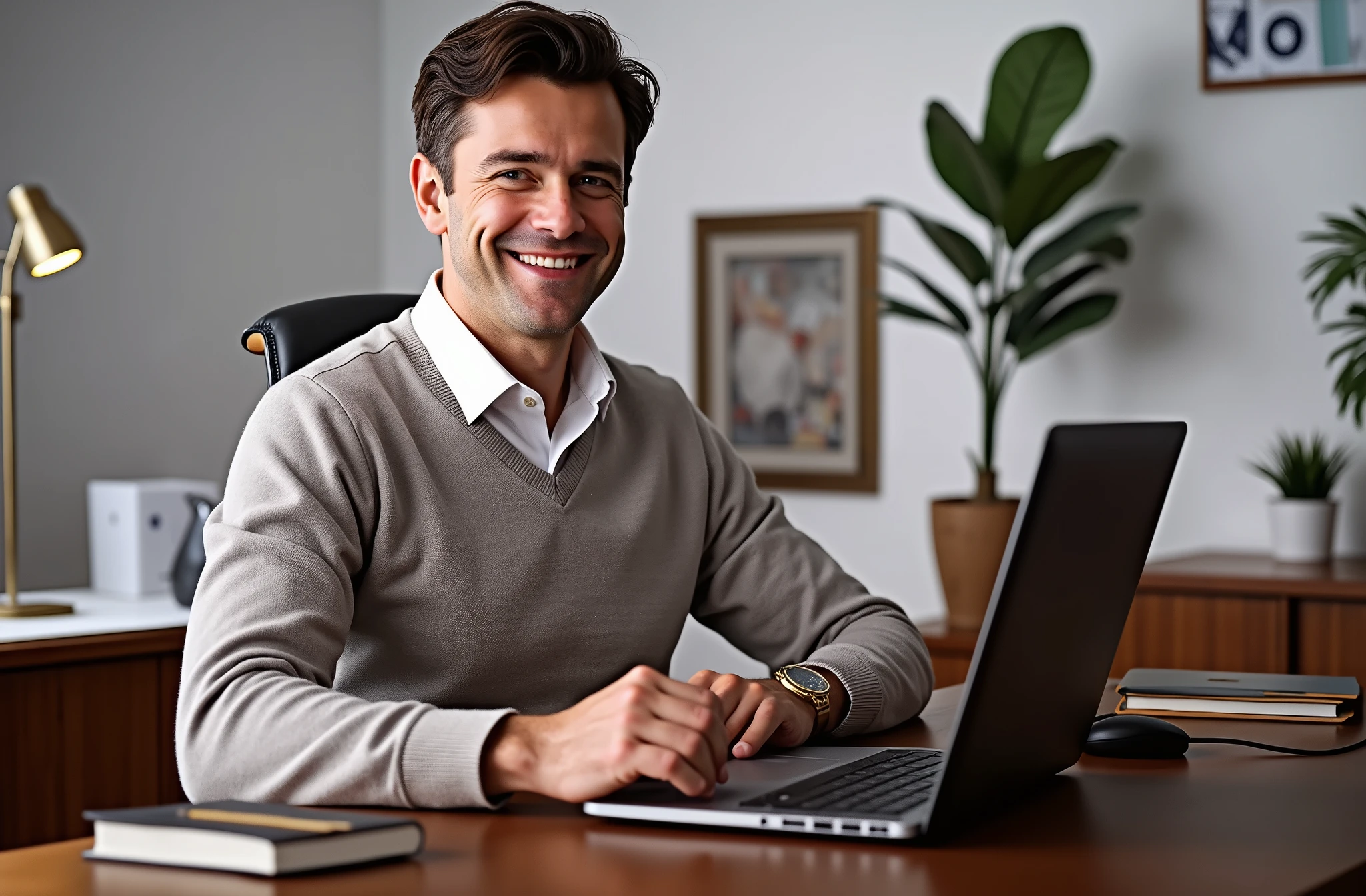 An American man working on his laptop computer in the office early in the morning,Smiling at the camera