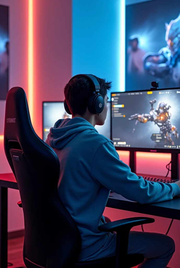 create an image of a streamer playing overwatch but horizontally so that the whole setup can be seen and that the streamer can be seen from behind, not from the side, please, and that the image can be seen horizontally