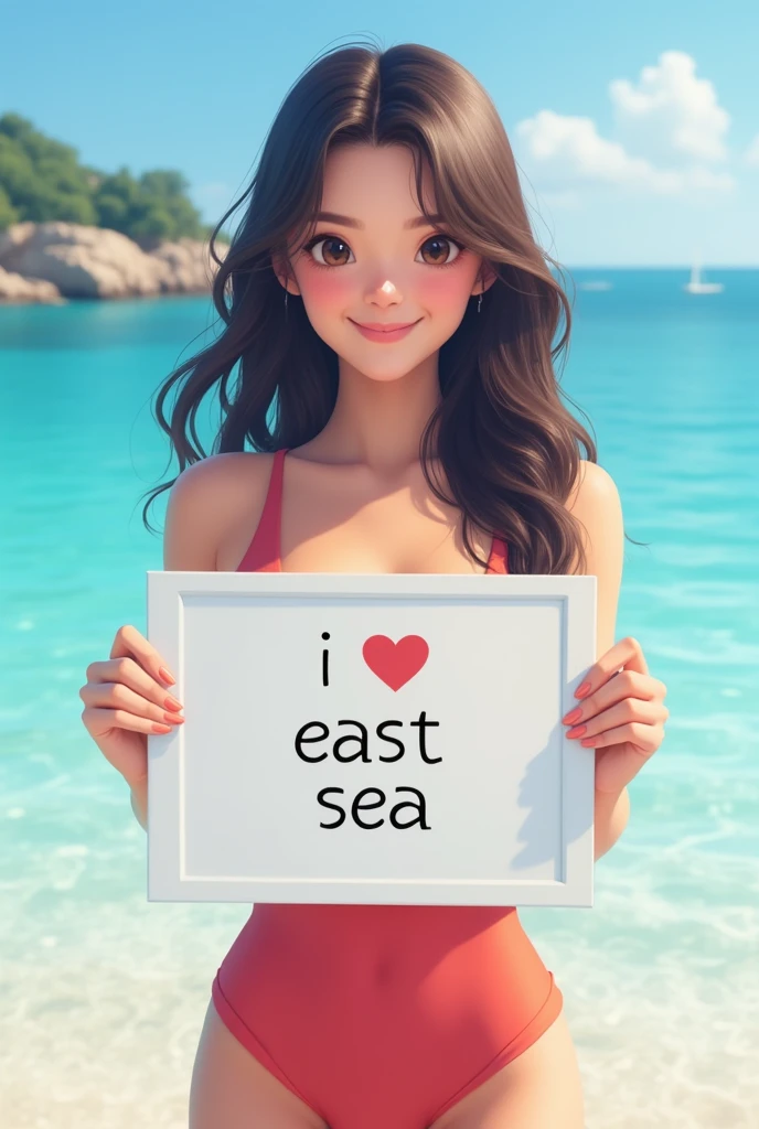 Beautiful girl with wavy long hair, One piece swimsuit, holding a white board with text "I Love East Sea " and showing it to the viewer