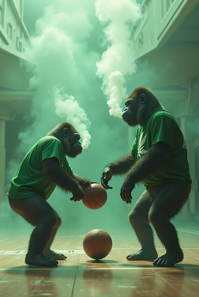 Gorillas smoking marijuana while playing basketball with marijuana-colored green shirts In a futuristic environment with smoke