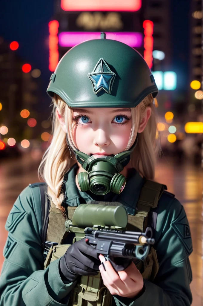 ((Highest quality)), ((masterpiece)), (detailed), high ponytail, ((Blonde)), Beautiful girl, Cute Eyes, Green eyes, False eyelashes, (((Watery eye))), (Blushed:1.3), white skin, (soldier:1.4), holding gas mask, ((bulge)), RPG-7, outside, raining, crowded city, fog, evening, neon sign