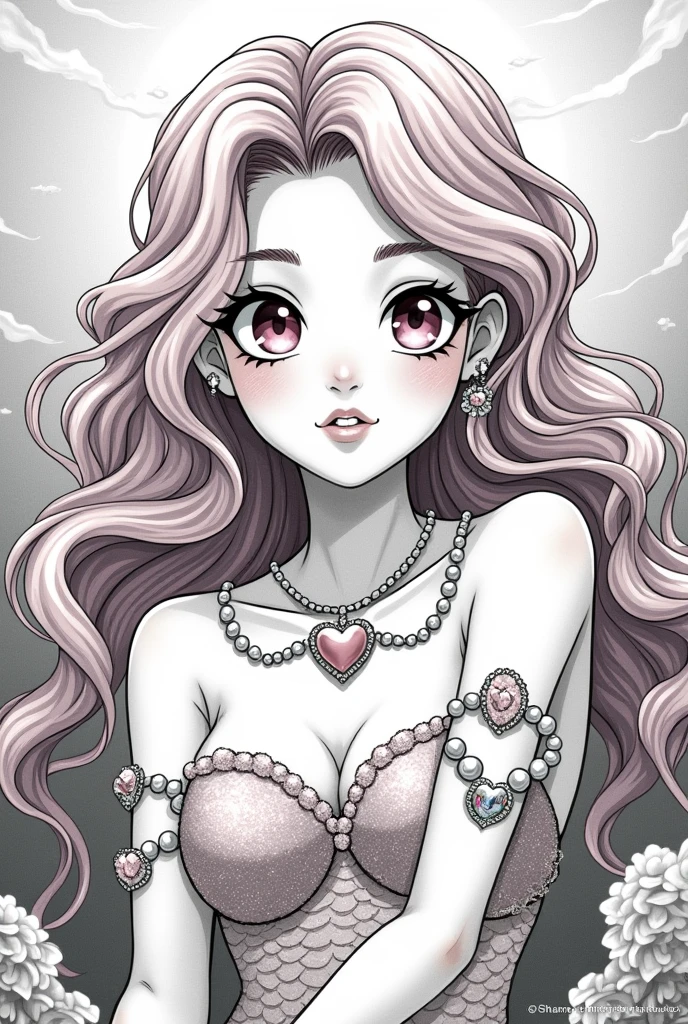 Monochrome manga art style, enchanting mermaid character, inspired by Shantae, embodying love and fantasy, adorned in elegant sea shells intricately designed with heart motifs, sparkling heart necklace resting gracefully against her collarbone, medium pink curly hair cascading beautifully, framing a radiant face, captivating heart-shaped pink eyes reflecting the depths of the ocean, delicate pearls entwined around her neck, arms, and waist, detailed textures enhancing the essence of the seas, central composition showcasing her ethereal beauty, contrasting shades of black and white creating depth and dimension, soft highlights delicately illuminating details, dreamy underwater ambiance surrounding her figure, gentle waves framing the scene, merging elegance with whimsy, capturing both tenderness and strength, stylized features accentuating manga characteristics, exaggerated expressions enhancing emotional engagement, meticulous line work emphasizing every curve and accessory, manga-style emotional resonance, stunning visual storytelling deeply rooted in fantasy, fluid motion lines illustrating her connection to the tides, showcasing the timeless allure of mermaid lore within modern manga culture.