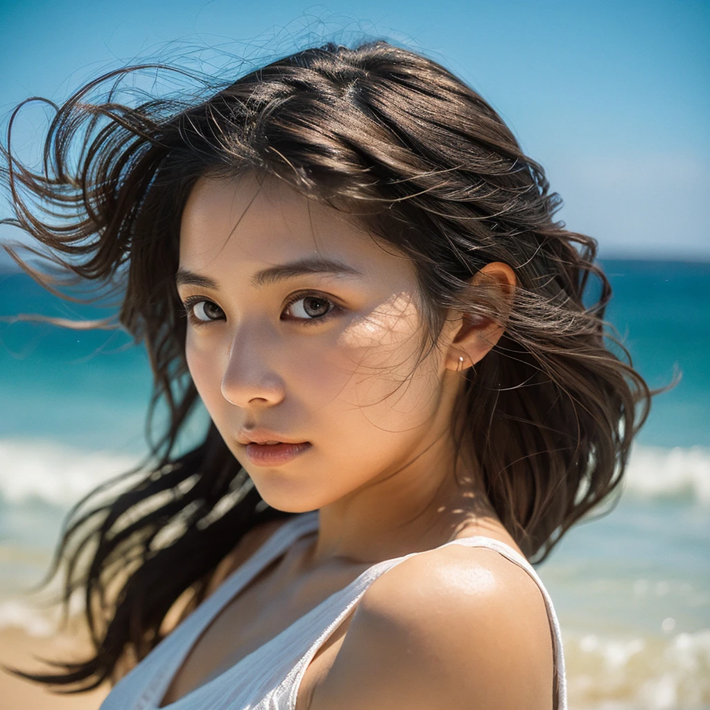 A hyper-realistic image of a single Japanese woman in her early 20s, captured with the nostalgic warmth and pronounced graininess of a film camera, showing her from the shoulders up as she stands on a sunlit beach. Her skin has a warm beige tone with a natural, visibly rough texture that includes pronounced pores, fine lines, and subtle imperfections such as small blemishes, slight unevenness, and a hint of sun exposure, contributing to the authenticity of her appearance. The texture of her skin is intentionally less smooth, with a tangible roughness that enhances the realism, making the surface appear slightly weathered by the elements. The soft, diffused natural light illuminates her face and shoulders with a gentle touch, casting shadows that subtly reveal the unevenness of her skin. Her straight, glossy black hair flows naturally in the ocean breeze, framing her face, and her deep brown eyes reflect the soft sunlight and the shimmering sea. The film camera effect amplifies the grain and texture, creating a warm, nostalgic atmosphere while maintaining the deliberately rougher, less polished texture of her skin. The composition, focused on her upper body, captures the serene elegance of the beach setting, highlighting the natural interaction of light and shadow on her skin. This combination of a rough, realistic skin texture, soft natural light, and the grainy film-like qualities ensures that the image presents an authentic, lifelike portrayal of the woman, centered on her face and shoulders.