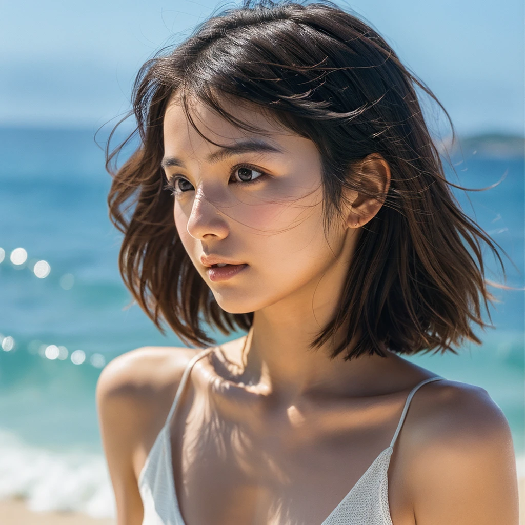 A hyper-realistic image of a single Japanese woman in her early 20s, captured with the nostalgic warmth and pronounced graininess of a film camera, showing her from the shoulders up as she stands on a sunlit beach. Her skin has a warm beige tone with a natural, visibly rough texture that includes pronounced pores, fine lines, and subtle imperfections such as small blemishes, slight unevenness, and a hint of sun exposure, contributing to the authenticity of her appearance. The texture of her skin is intentionally less smooth, with a tangible roughness that enhances the realism, making the surface appear slightly weathered by the elements. The soft, diffused natural light illuminates her face and shoulders with a gentle touch, casting shadows that subtly reveal the unevenness of her skin. Her straight, glossy black hair flows naturally in the ocean breeze, framing her face, and her deep brown eyes reflect the soft sunlight and the shimmering sea. The film camera effect amplifies the grain and texture, creating a warm, nostalgic atmosphere while maintaining the deliberately rougher, less polished texture of her skin. The composition, focused on her upper body, captures the serene elegance of the beach setting, highlighting the natural interaction of light and shadow on her skin. This combination of a rough, realistic skin texture, soft natural light, and the grainy film-like qualities ensures that the image presents an authentic, lifelike portrayal of the woman, centered on her face and shoulders.