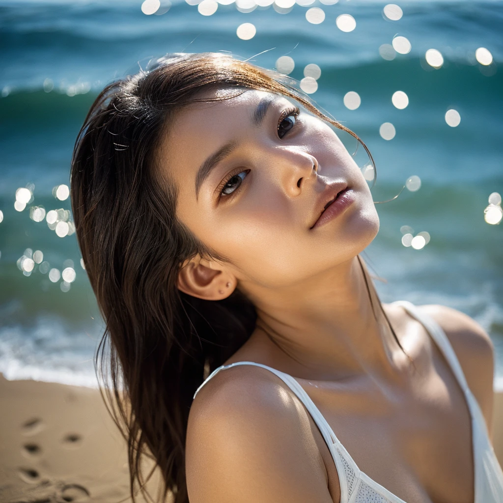 A hyper-realistic image of a single Japanese woman in her early 20s, captured with the nostalgic warmth and pronounced graininess of a film camera, showing her from the shoulders up as she stands on a sunlit beach. Her skin has a warm beige tone with a natural, visibly rough texture that includes pronounced pores, fine lines, and subtle imperfections such as small blemishes, slight unevenness, and a hint of sun exposure, contributing to the authenticity of her appearance. The texture of her skin is intentionally less smooth, with a tangible roughness that enhances the realism, making the surface appear slightly weathered by the elements. The soft, diffused natural light illuminates her face and shoulders with a gentle touch, casting shadows that subtly reveal the unevenness of her skin. Her straight, glossy black hair flows naturally in the ocean breeze, framing her face, and her deep brown eyes reflect the soft sunlight and the shimmering sea. The film camera effect amplifies the grain and texture, creating a warm, nostalgic atmosphere while maintaining the deliberately rougher, less polished texture of her skin. The composition, focused on her upper body, captures the serene elegance of the beach setting, highlighting the natural interaction of light and shadow on her skin. This combination of a rough, realistic skin texture, soft natural light, and the grainy film-like qualities ensures that the image presents an authentic, lifelike portrayal of the woman, centered on her face and shoulders.