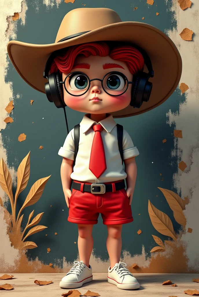 **Channeling the fierce spirit of a suave 20 year old cowboy in a wide-brimmed hat, red tie, and round glasses, in a white shirt and red shorts🎬 Realistic 4d caricature of a big-headed, trendy anthropomorphic man wearing white shoes, black headphones,with hair red in a stylish layered collage; dark art, stylish innovative street art, iconic portraits, torn paper, fragmented shapes, hyper-realism with intricate details, complementary colors, soft lighting, ultra-clear textures,uhd,16k