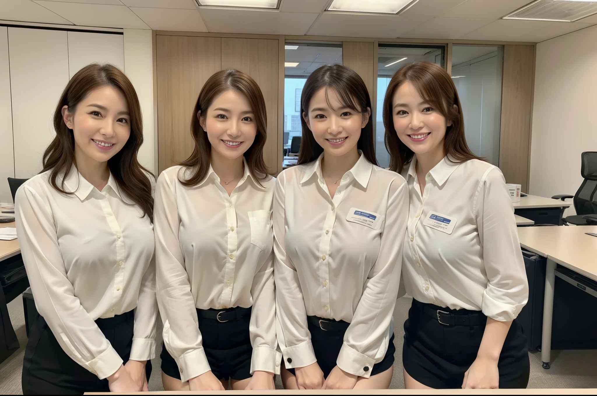 ((Best Quality, 8k, Masterpiecedetails, ultra-high resolution)), (group picture),(looking at the viewer), (full shot:), attractive business 5 milfs, 5 people, a bit chubby:0.25, seductive expression, white collared shirt, 短いスカート、バストは大きめ、隣の人にバストが当たる、 (sitting with cross legs on office desks)), smile,