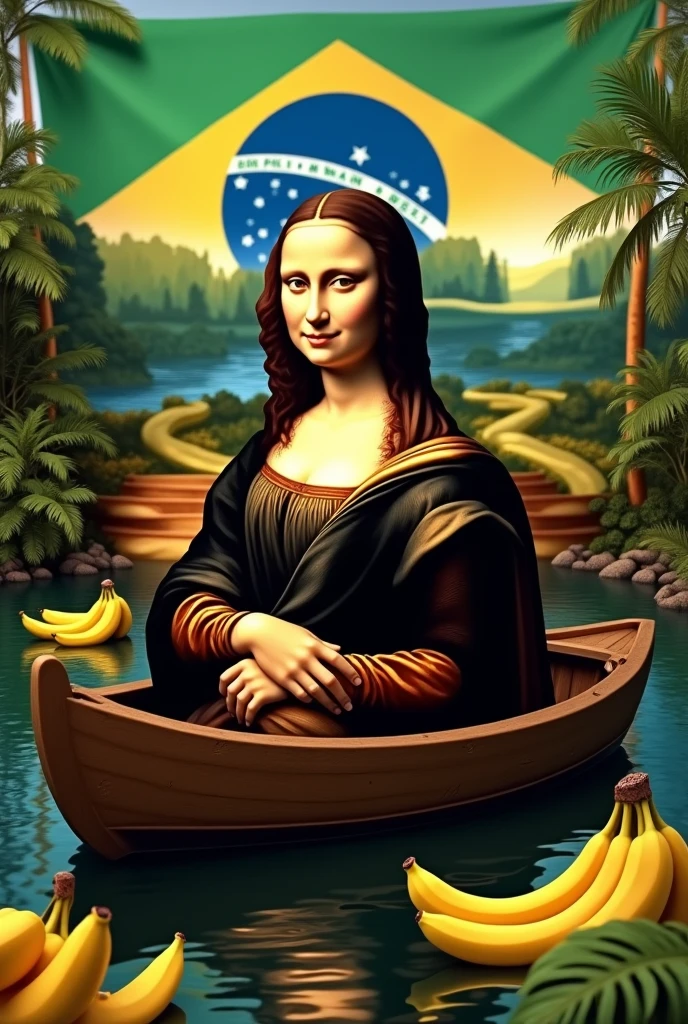 MONALISA ON THE BOAT WITH THE BRAZILIAN FLAG AND BANANA