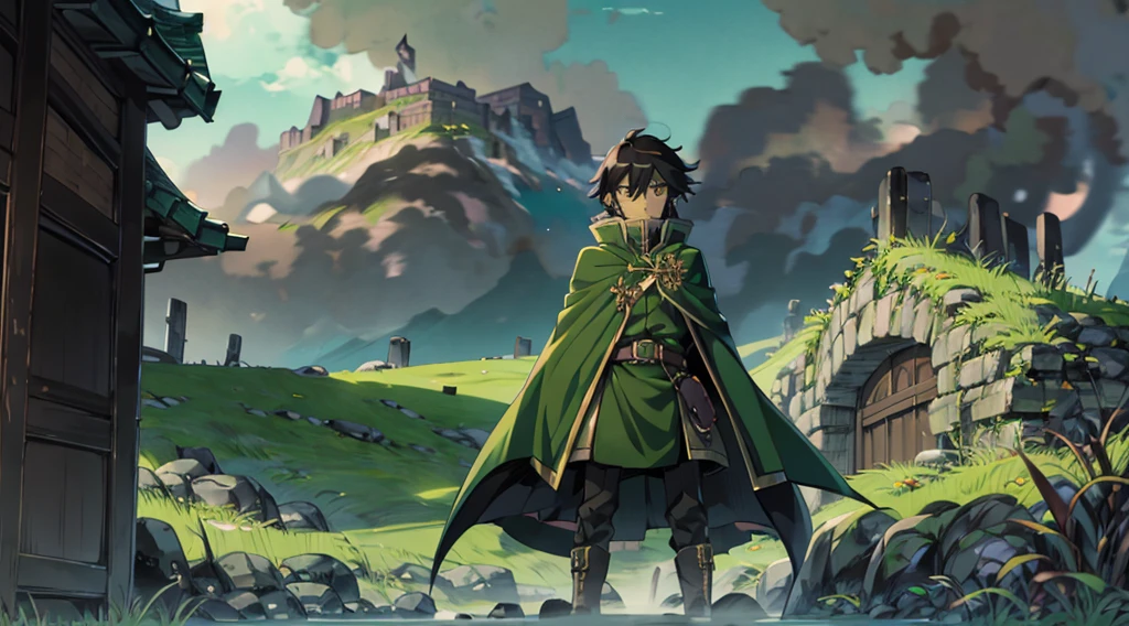 yuichiro hyakuya, (WithoutFear:1), demon king, evil face, 1 boy, black hair, green eyes, brown coat, gray armor, green shield, green cloak, dark brown gloves, castle, white fur trim, tall, anime, standing, good quality, portrait, looking at viewer