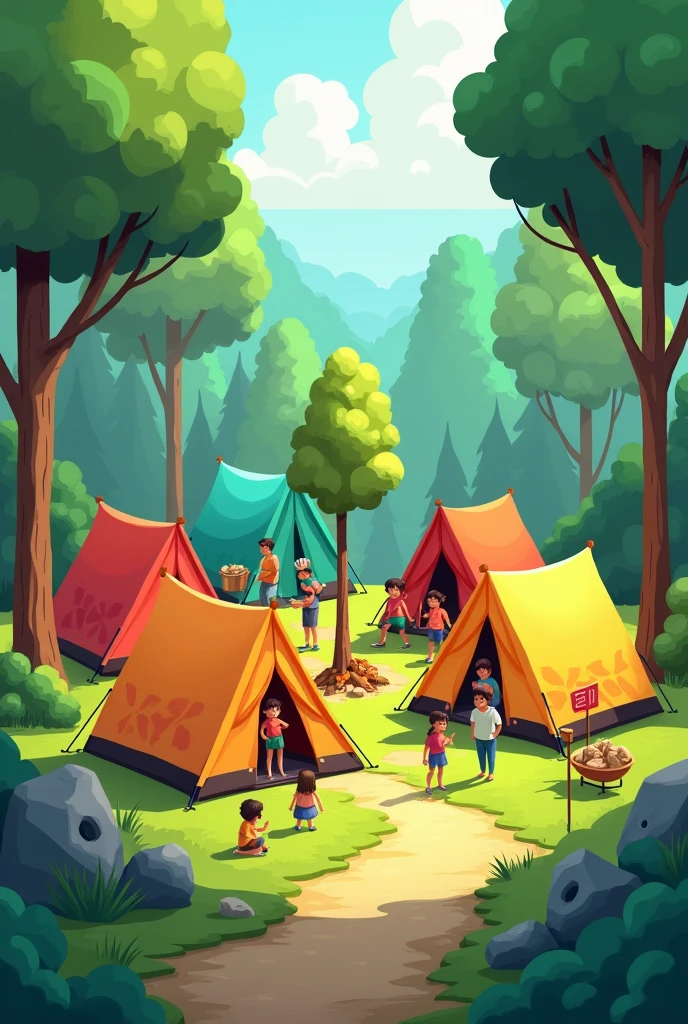 Create an animated design that contains a combination of reforestation activities and group camping activities with a design focus on 4 camping tents and tree seedlings in the middle.