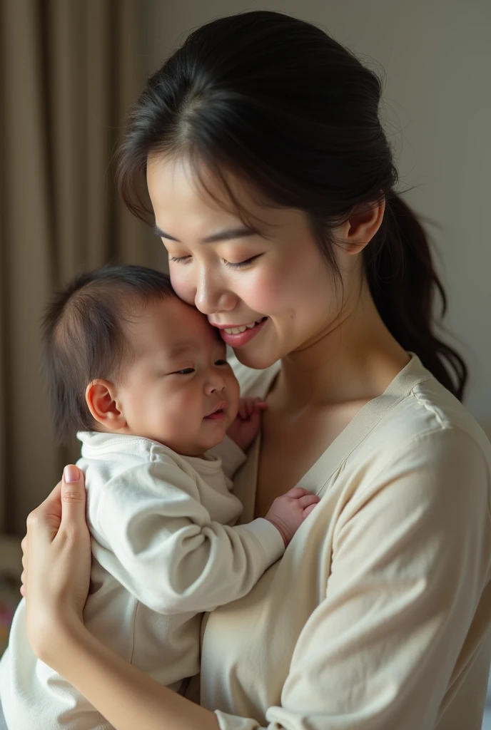 8K,RAW photogr,Best quality at best,masterpiec,mother carrying baby,bedroom backgroung multra hd,ultra detailed,detailed body,asian woman