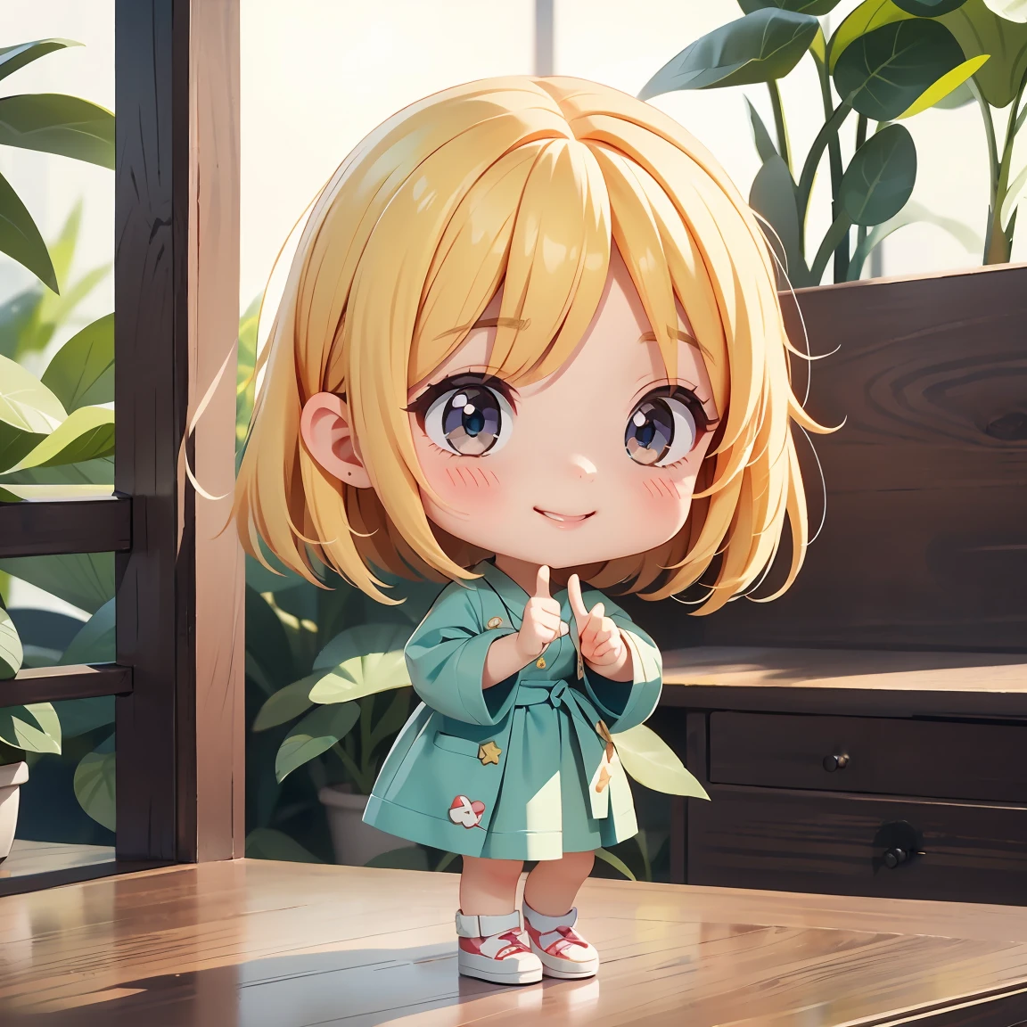 Super Chibi Character:1.8、Blonde Hair、Cute girl、Cute Costumes、Super Chibi Character:1.8、smile、Making a peace sign
