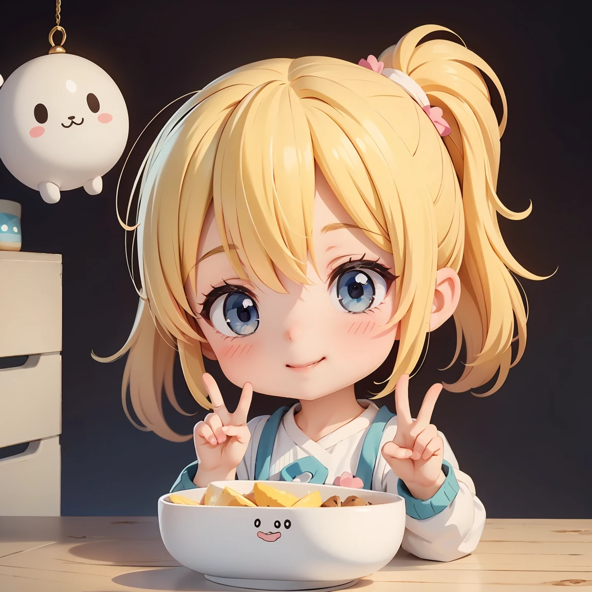 Super Chibi Character:1.8、Blonde Hair、Cute girl、Cute Costumes、Super Chibi Character:1.8、smile、Making a peace sign