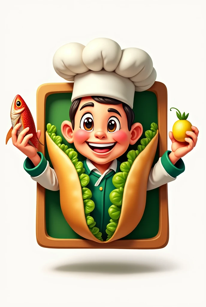 Make me a logo for my place which is a restaurant called Mr.. A rectangular tamale bun with a chef's hat on it, with hands and legs and face, I need the face to be smiling, so that the teeth can be seen, that he looks happy and convinced that he is a good chef,both eyes open and, It has to be commercial, that he has a small fish in his hand and in the other a lemon and a chili pepper, Please note that the tamales are green in color, to make a logo for my store
