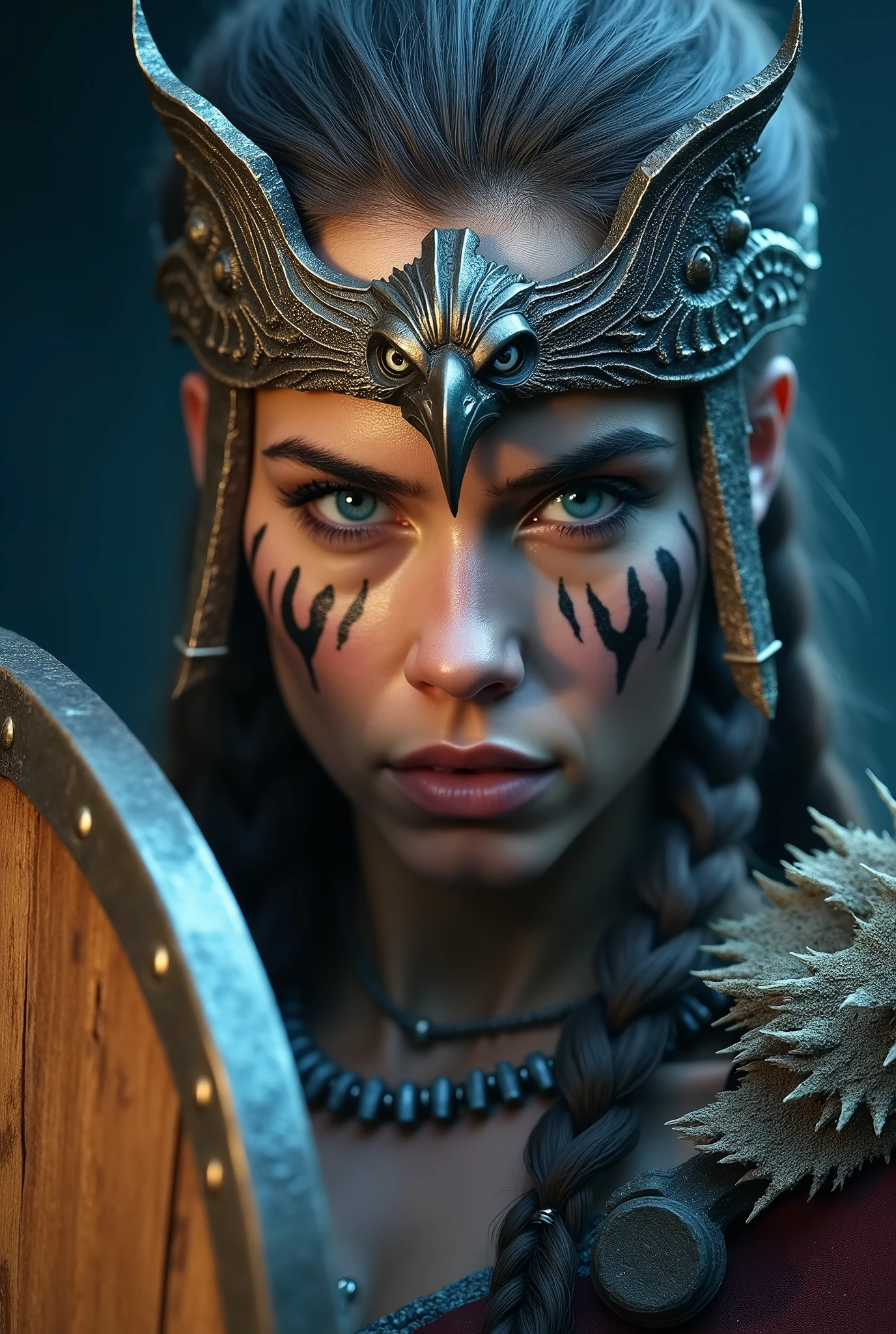 Close up face beautiful viking woman, wooden shield in hand , strong blue light in the eyes, big eagle crown , viking face paintings, Angry, bone ornaments on the neck, battle armor, focused, braids in hair