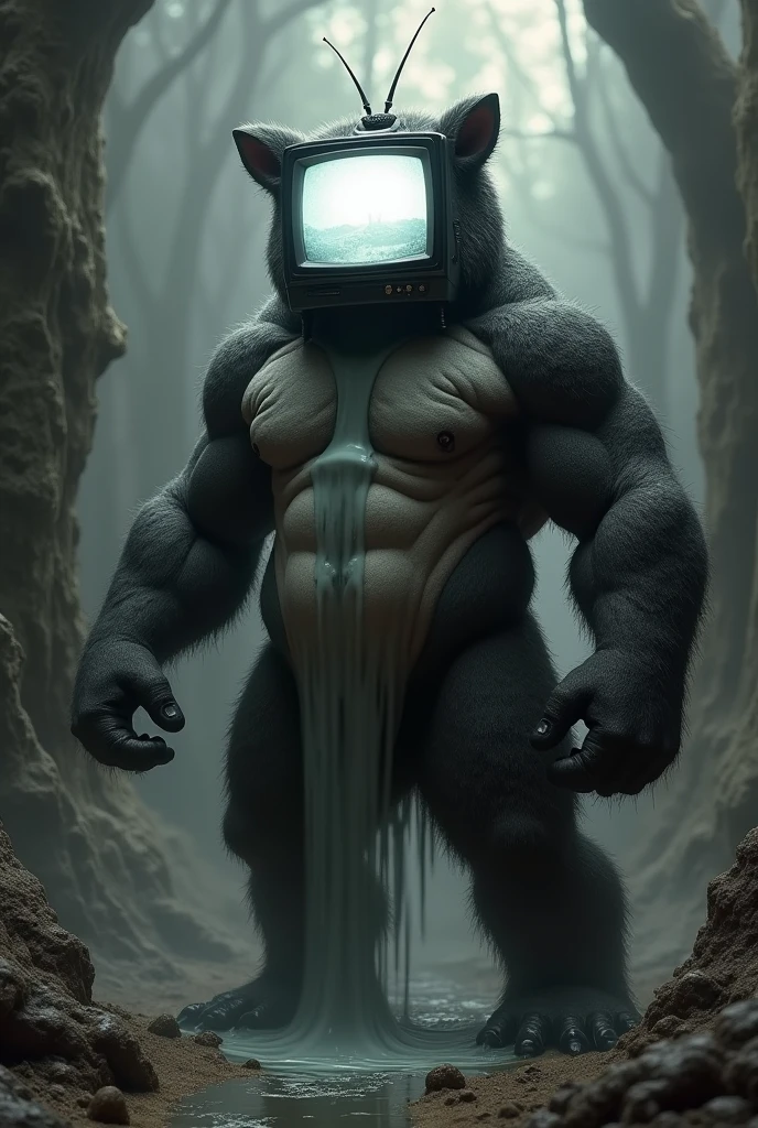 A anthro furry tv head which is black and white and is buff who’s also gooey and can absorb humans.