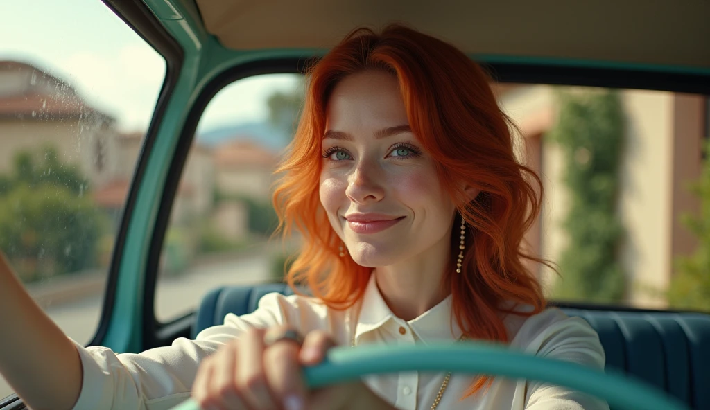 A 2 red-haired woman, close-up, arriving in the village of PROVENCE, at the wheel of her electric Citroën AMI. Side view of the car. She smiles. Typical houses, flowerbeds and bougainvilleas. Style by David Hamilton.