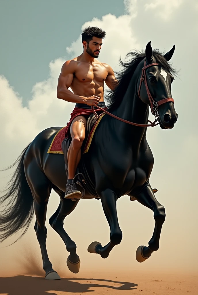 a young, latino, slender, figure with divine proportions and realistically detailed musculature, very detailed feet, muscled legs, barefoot man, muay thai suit, masculine gaze, ridding a black horse, You can’t do that with a longtime mate because he knows all that old material. With a long relationship, things die then are rekindled, and that shared process of rebirth deepens the love. It’s hard work, though, and a lot of people run at the first sign of trouble. You’re with this person, and suddenly you look like an asshole to them or they look like an asshole to you — it’s unpleasant, but if you can get through it you get closer and you learn a way of loving that’s different from the neurotic love enshrined in movies. It’s warmer and has more padding to it.” Joni Mitchell