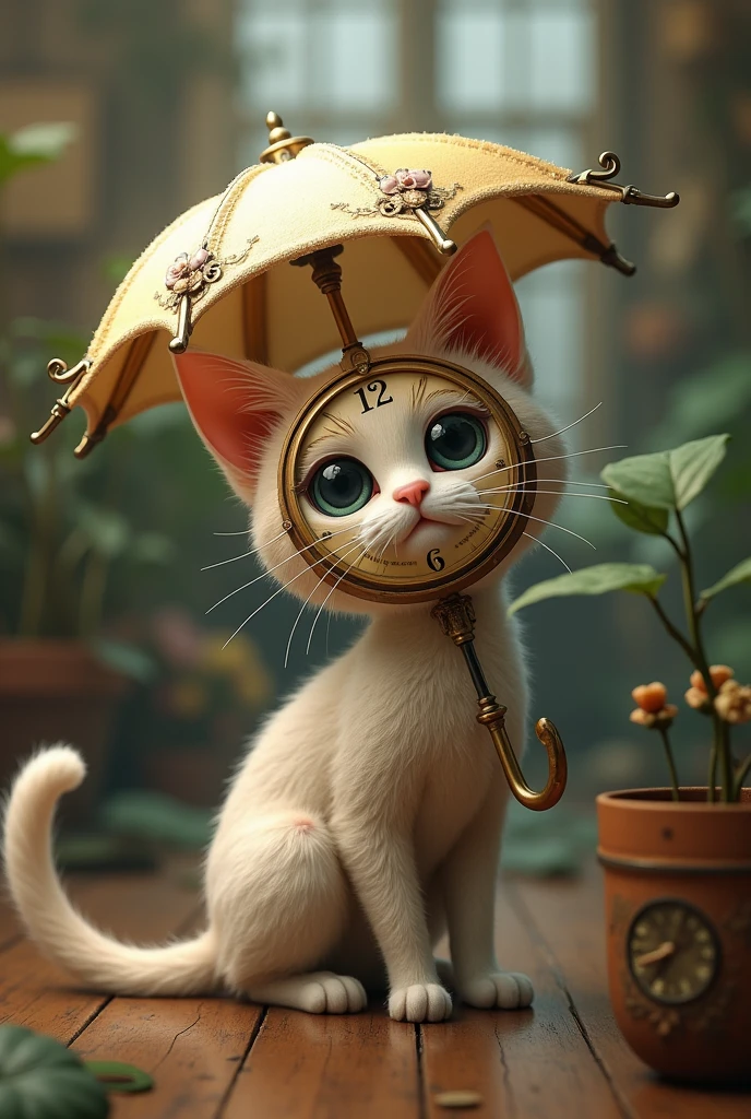 cat with clock head and umbrella tail