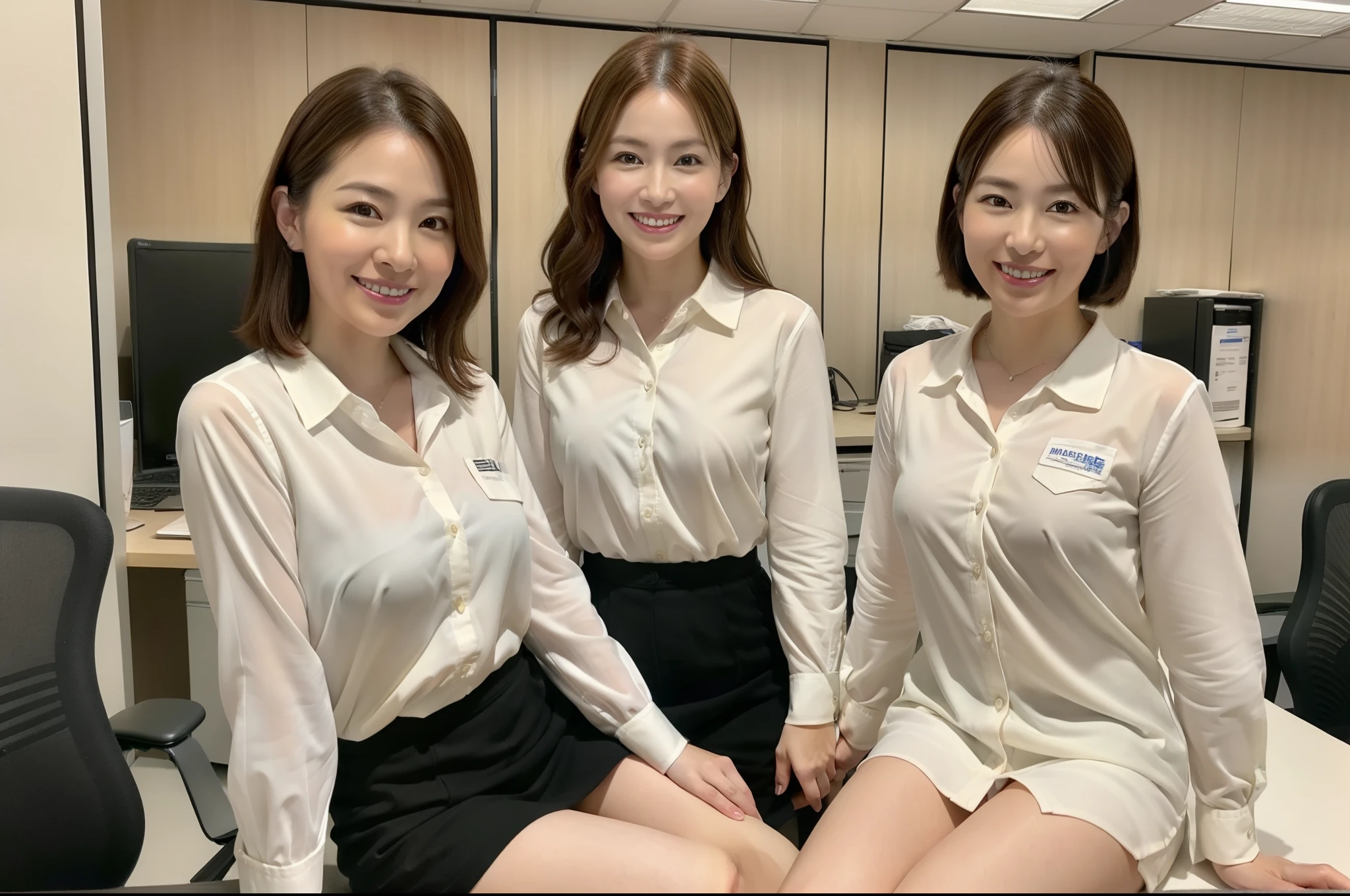 ((Best Quality, 8k, Masterpiecedetails, ultra-high resolution)), (group picture),(looking at the viewer), (full shot:), attractive business 5 milfs, 5 people, a bit chubby:0.25, seductive expression, white collared shirt, 短いスカート、バストは大きめ、隣の人にバストが当たる、 (sitting with cross legs on office desks)), smile, 