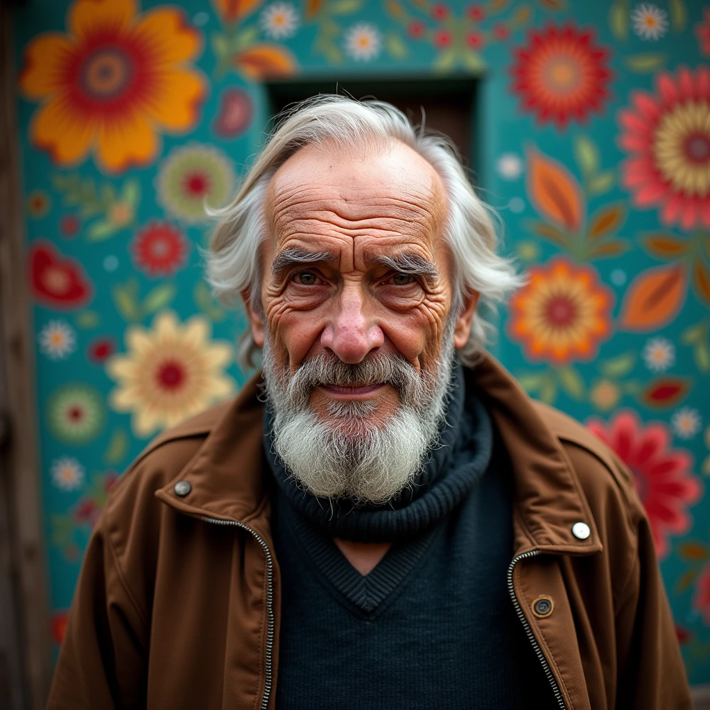 Old Russian, looking directly at the camera, not at the center, clear facial features, bright colors, light particles, with bright light, Mushhiv, wallpaper art, UHD wallpapers, vivid atmosphere, near an old house , village
