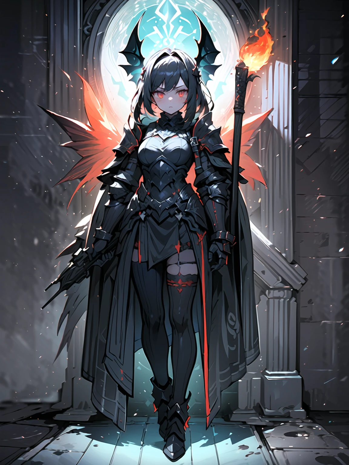 (((masterpiece, best quality, high detailed, 8k))) Design a layout showcase Gaming character, (1girl). Black+Crimson dark armor, stylish and unique. ((weapon:1.4)), cursed sword. (masterpiece:1.2), (best quality), 4k, ultra-detailed. (luminous lighting, atmospheric lighting). dark warrior, ((six wings of shadow and fire)), ((glove full hands)), (((revealing clothes:1.3))), vambraces, armored legwear, (((full_body_shot:1.4))). {In an infernal realm}. (((extremely imposing presence, black flames, super strong, incredibly beautiful with dark armor))).