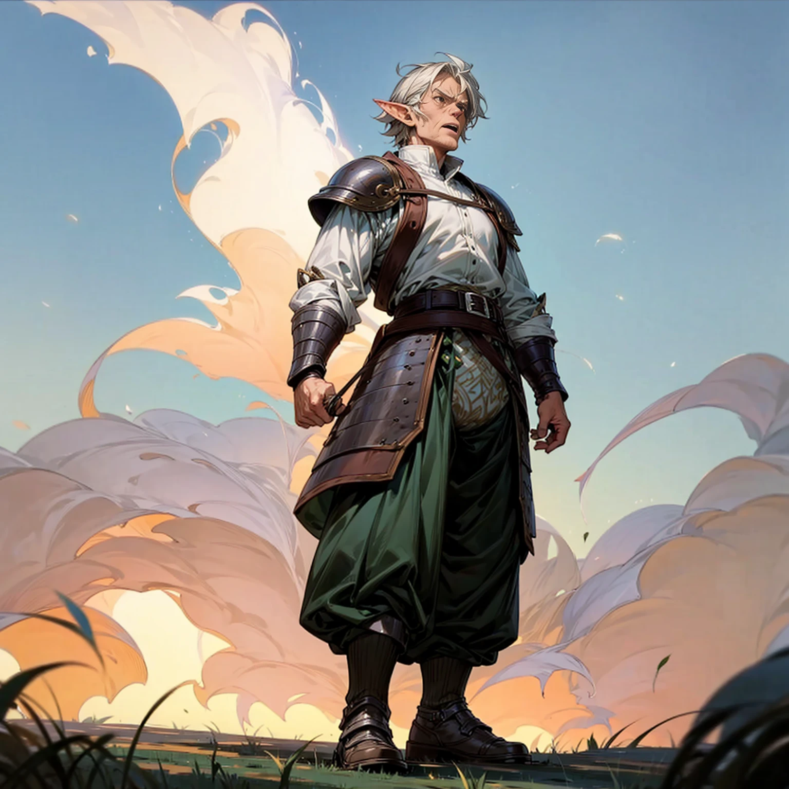 Solo character, full body version, old man, big man, muscle, (elf), brown eyes, white color hair, short Curly hair, white shirt, green long pants, shoes, belt, outdoor, field, Greenland, evening, medieval, standing gesture, detailed background, detailed clothing, detailed hair, (Makoto shinkai style art), thin beard, open mouth, angry, armor, smoke effect, fire effect 