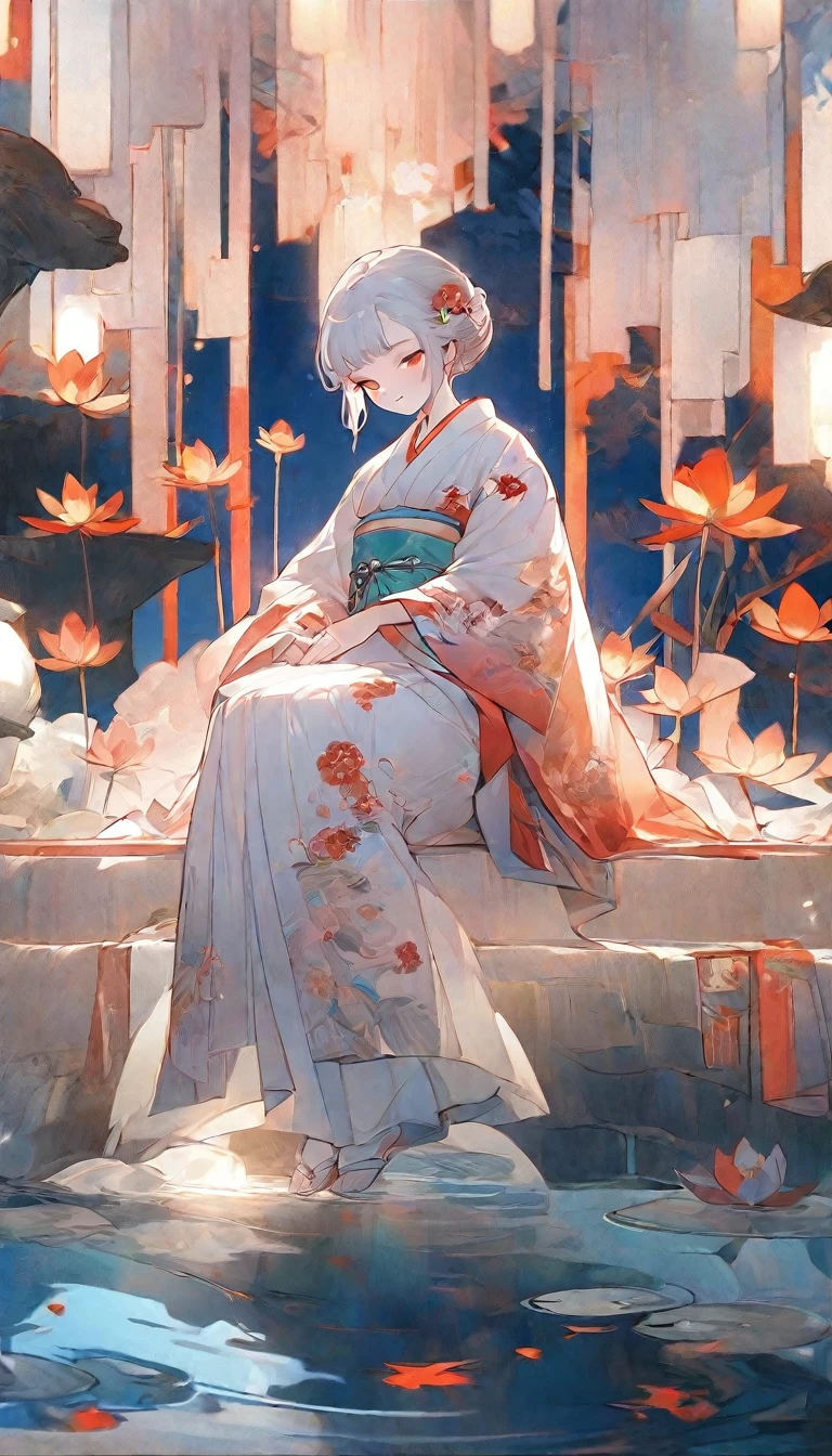 Masterpiece, anime girl, Woman in kimono sitting on a bench in a water pond, palace, A girl in Hanfu, Japanese art style, by Yang J, Beautiful anime art, Beautiful anime art, guweiz style artwork , guweiz, Beautiful anime art style, Beautiful anime, Beautiful anime style.