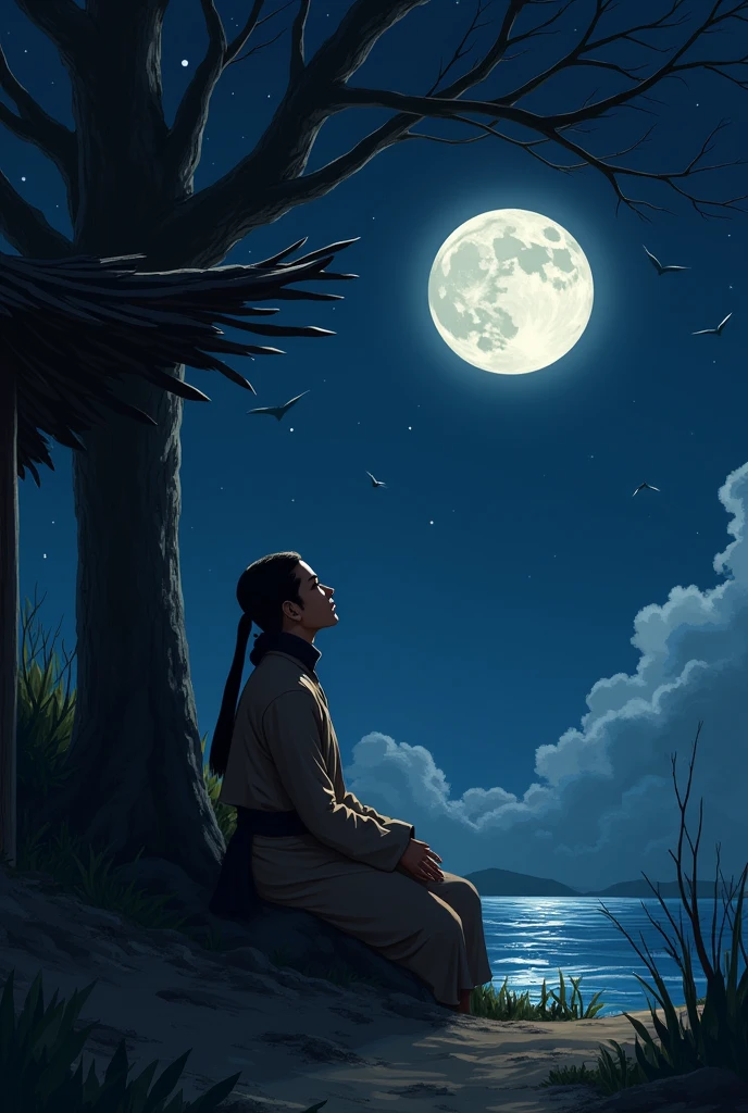 seen from behind looking at the moon A cleric wearing a brown shirt but without a peci sits leaning against a tree near a wooden hut with dry branches, fallen leaves near the ocean, the night is bright looking at the moon and stars and flying butung birds.