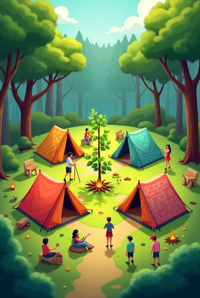 Create an animated design that contains a combination of reforestation activities and group camping activities with a design focus on 4 camping tents and tree seedlings in the middle.